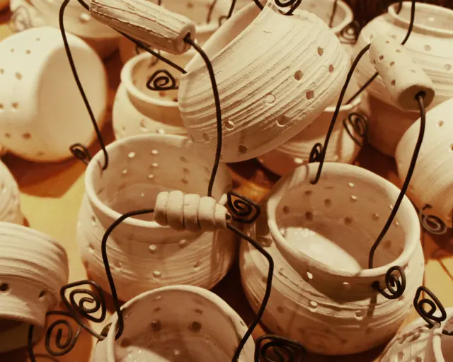 Pots with wire spirals, close up